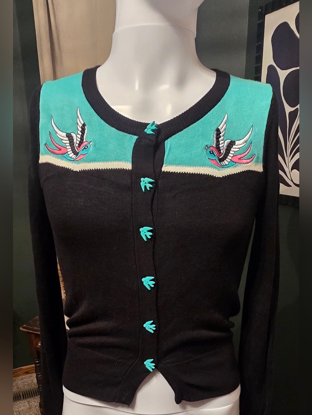 Black and Teal Embroidered Bird Button-Front Women's Sweater